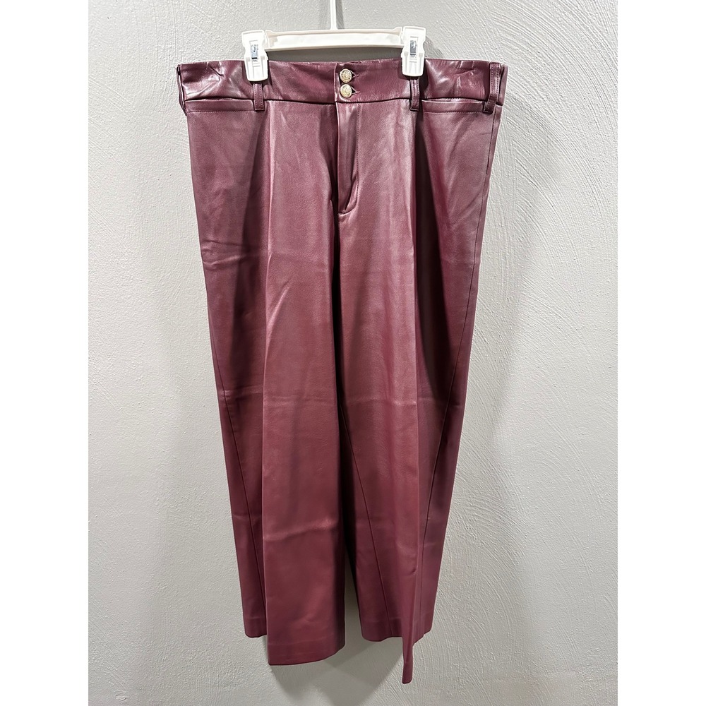 Chicos Faux Leather Wide Leg Pants Burgundy Wine Gold Crest Button Size 12